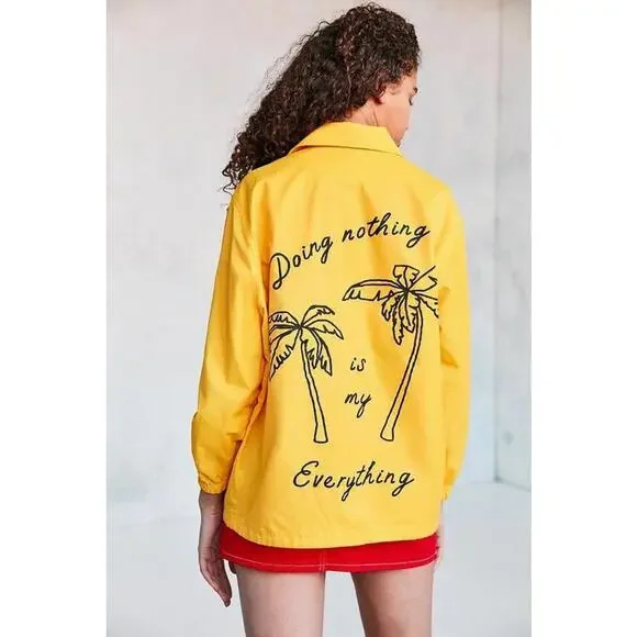 Urban Outfitter BDG Ott Street Palm Tree Coach Jacket Yellow Paradise Forever S - Picture 2 of 9